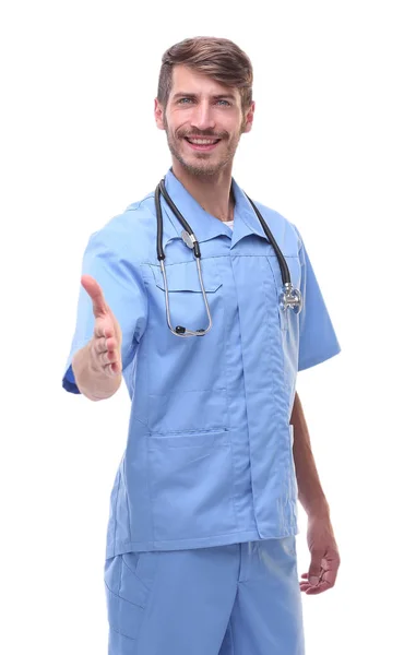 Em pleno crescimento.a médico com um estetoscópio segurando h — Fotografia de Stock