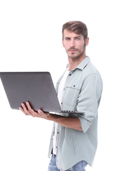 Close up.modern young man with laptop — Stock Photo, Image