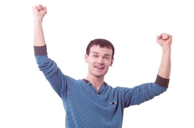 knappe jonge man die lacht volledige lengte witte achtergrond