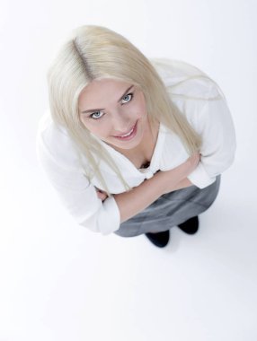 Üstten Görünüm. Başarılı iş kadını kameraya bakıyor.