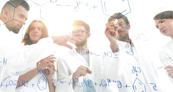 View through the transparent Board. a group of scientists analyze information. — Stock Photo, Image
