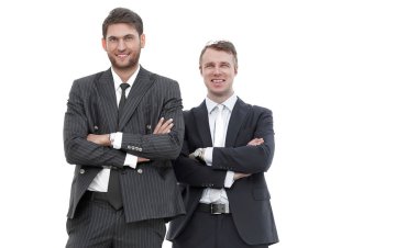 Beyaz arka plan üzerinde izole ayakta, tam growth.two iş ortakları.