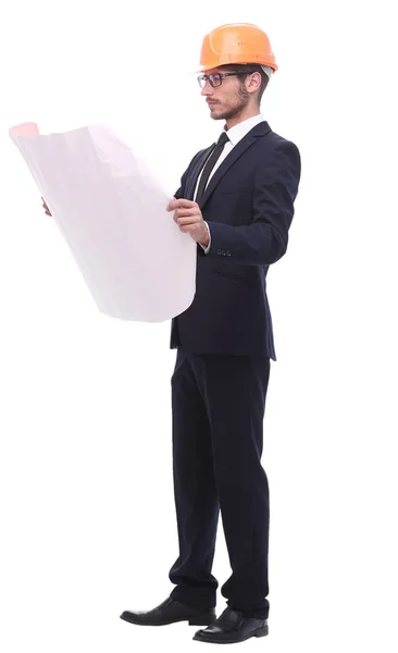 In full growth. businessman looking at sketches of a new projec — Stock Photo, Image