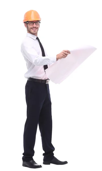 Full Growth Architect Looking Drawings New Project Isolated White Background — Stock Photo, Image