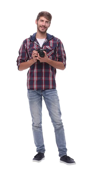 Full-length .een knappe jonge man met een camera. — Stockfoto