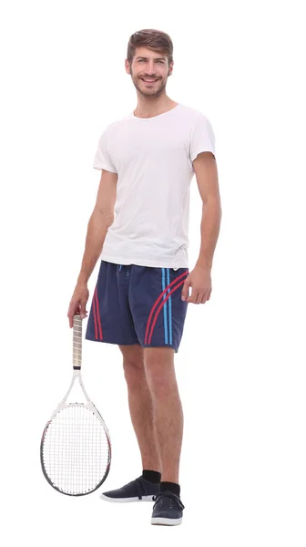 Sida view.smiling man med tennisracket. — Stockfoto