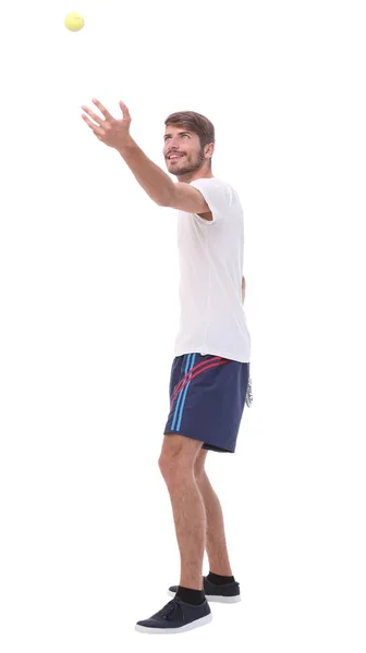 Oldalsó view.smiling férfi tenisz ütő. — Stock Fotó
