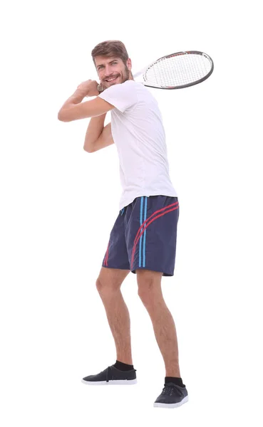 Visão traseira. um jovem com uma raquete de tênis . — Fotografia de Stock