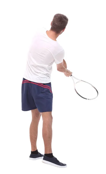 后视镜。一个拿着网球拍的年轻人. — 图库照片