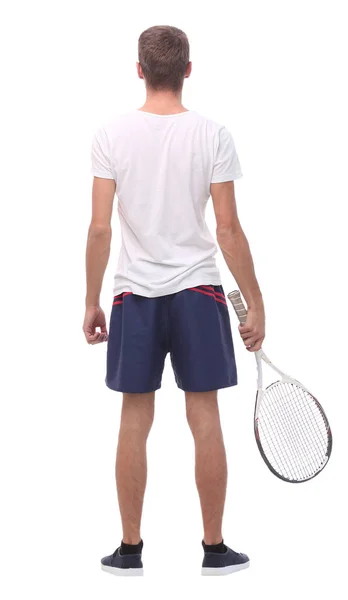 后视镜。一个拿着网球拍的年轻人. — 图库照片