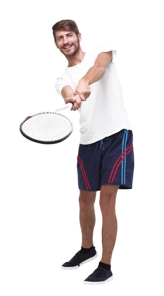 I full tillväxt. en ung man med en tennisracket — Stockfoto