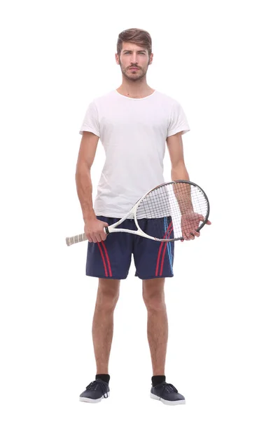 Tam büyüme. bir tenis raketi olan genç bir adam — Stok fotoğraf