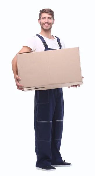 In full growth.male courier with a big box — Stock Photo, Image