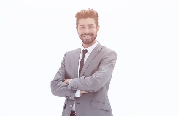 Hombre de negocios exitoso y seguro en traje gris sobre fondo blanco —  Fotos de Stock