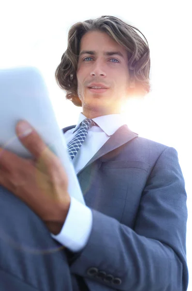 Close up .businessman working on the tablet . — стоковое фото