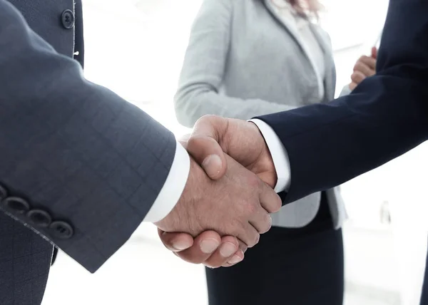 Close up business man handshake together on meeting room — Stock Photo, Image