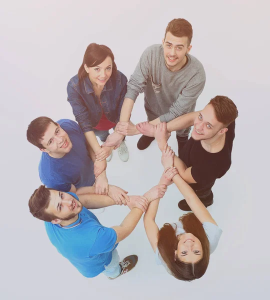 Pohled shora mladých lidí s rukama společně v kruhu. — Stock fotografie
