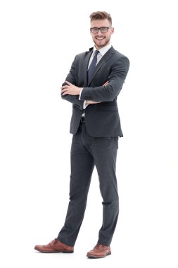 tam büyüme. Beyaz arka plan üzerinde gülümseyen bir başarılı businessman.isolated portresi