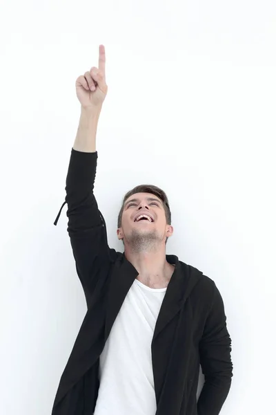 Sorrindo cara apontando para cima no espaço de cópia . — Fotografia de Stock