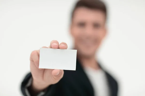 Close up.business card entre les mains d'un homme d'affaires — Photo