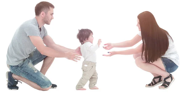 Schattige lachende babyjongen leren lopen — Stockfoto