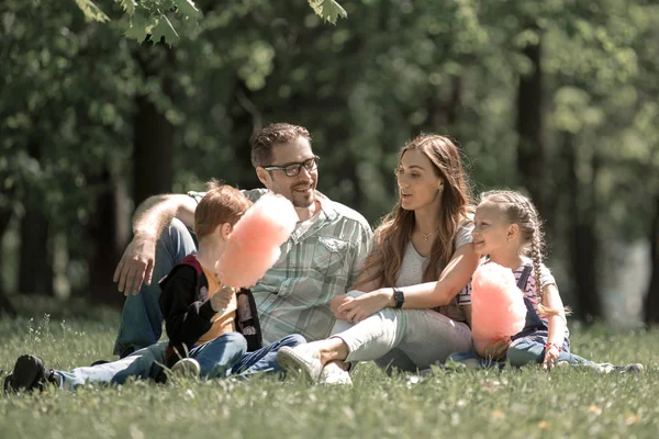 Lycklig familj vilar på gräsmattan i staden Park. — Stockfoto