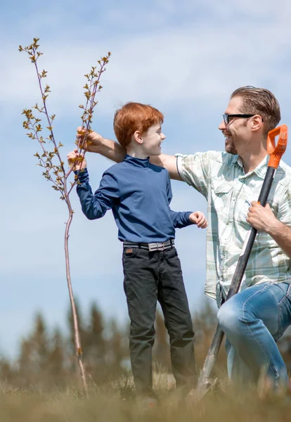 Gelukkig vader en zoon plantte een boom samen. — Stockfoto