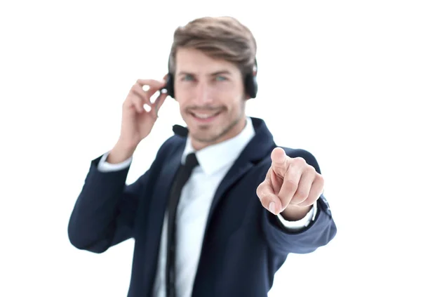 Hombre de negocios con auriculares que muestran el dedo —  Fotos de Stock