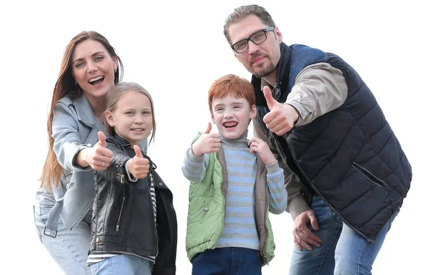 Šťastná rodina ukazuje palec — Stock fotografie