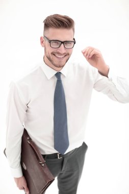 up.Smiling işadamı ile deri evrak çantası'nı kapatın