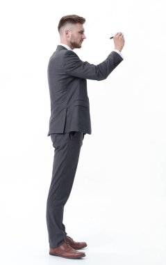 görünmez bir tahtada yazılı yan view.businessman.