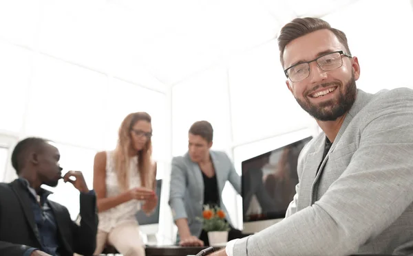 Businessman Sitting Desktop His Office Business Concept — стоковое фото