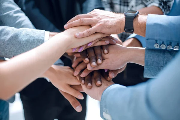 Grupp av personer på kontoret vikta händerna tillsammans — Stockfoto