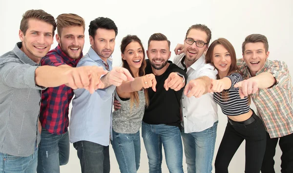 Close up.a grupo criativo de jovens apontando para você — Fotografia de Stock