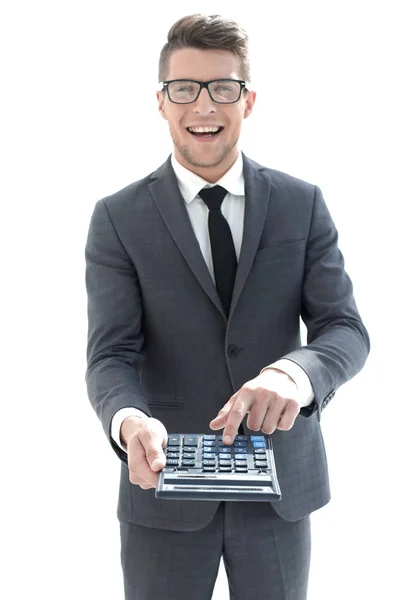 Mens handen på miniräknare tangentbord — Stockfoto