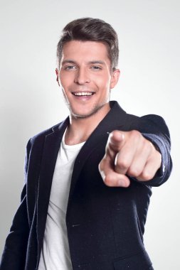 Bak, gri izole iş adamı işaret parmağı