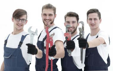 Grup inşaat işçileri ile çalışma araçları