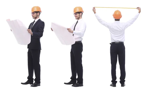 Em pleno crescimento .a arquiteto qualificado em um capacete laranja — Fotografia de Stock