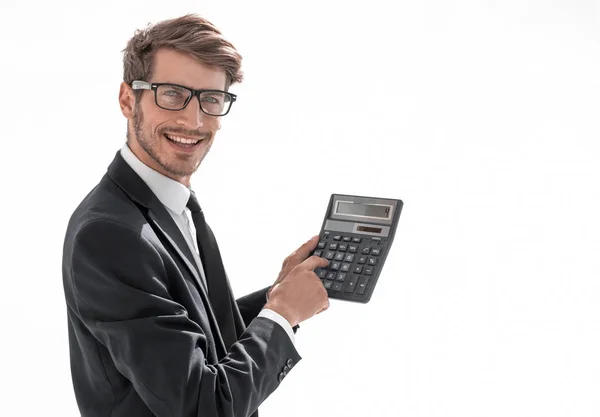 Homem Sorri Mostra Calculator Profit — Fotografia de Stock