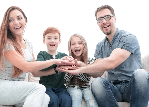 Szczęśliwa Rodzina Dokonywanie Wieży Ich Koncepcji Zespołu Hands Family — Zdjęcie stockowe