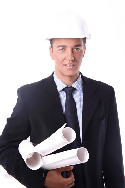 Feliz joven arquitecto retrato con casco y planos — Foto de Stock