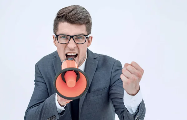 Fecha. homem de negócios zangado com um megafone — Fotografia de Stock