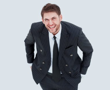 En baştan görüntüleyin. Kameraya bakarak mutlu işadamı