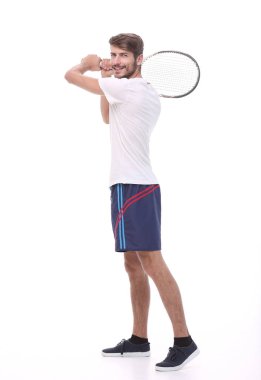 tam büyüme. bir tenis raketi olan genç bir adam