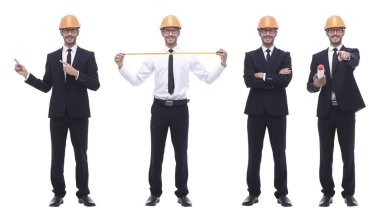 Tam gelişim içinde. Becerikli mühendis mimar beyaza izole edilmiş.