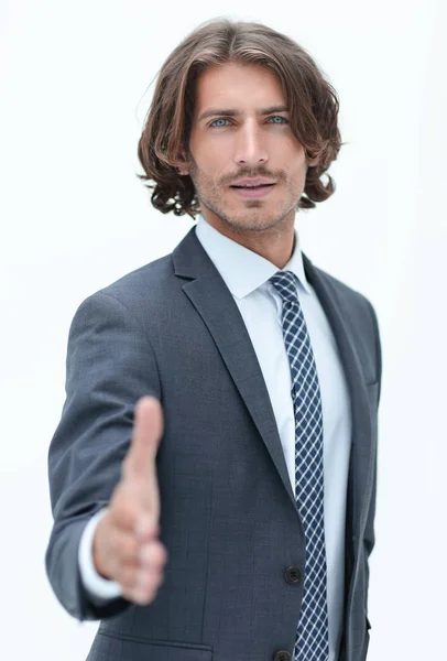 Businessman offering handshake to you on white background — Stock Photo, Image