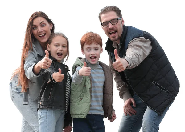 Молодая семья показывает большие пальцы вверх — стоковое фото