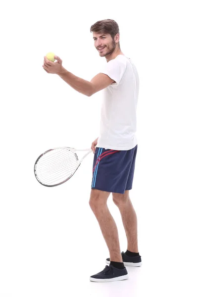 Side view.sorrindo homem com raquete de tênis . — Fotografia de Stock