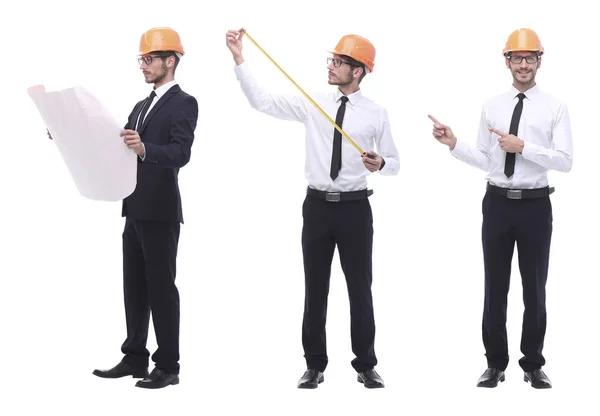 Em pleno crescimento .a arquiteto qualificado em um capacete laranja — Fotografia de Stock