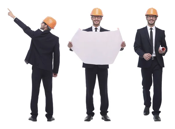 成功的、成功的、戴橙色头盔的建筑师工程师. — 图库照片